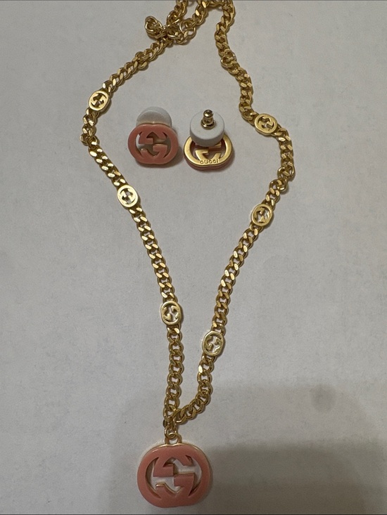 Gucci Jewelry - Gucci Gold Chain Necklace with Pink Enamel Double G Pendant and Matching Studs